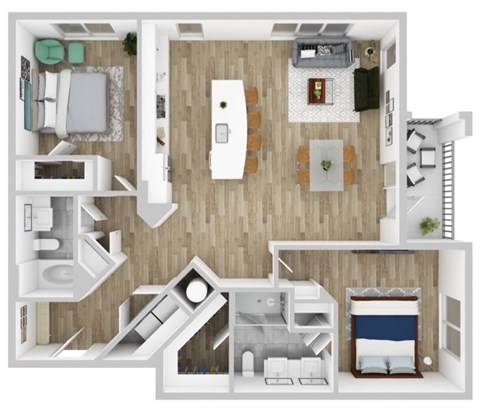 Floor plan for 2 beds, 2 baths, 1303 sqft
